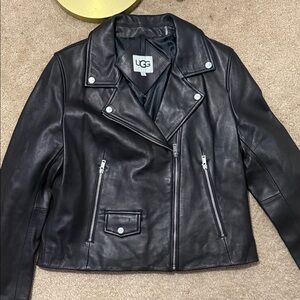 UGG Black Leather Moto-Style Jacket with Zip Details